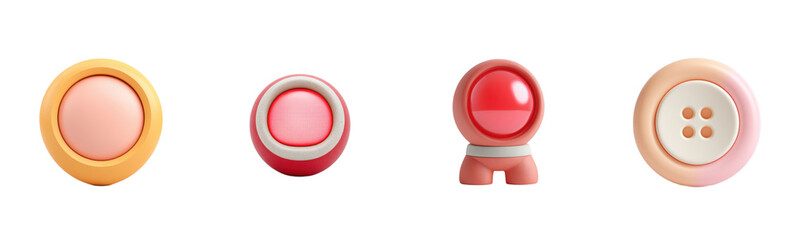 Colorful, retro 3D buttons and objects in pastel tones. Minimalist, playful, vintage, abstract, modern, unique, design, soft, illustration, geometric, toy-like, round.