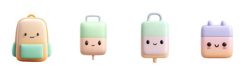 Cute cartoon characters in pastel colors, backpack, whimsical toys. Kawaii, 3d rendering, animation, design, adorable, toy, characters, cartoon, colorful, cute, happy