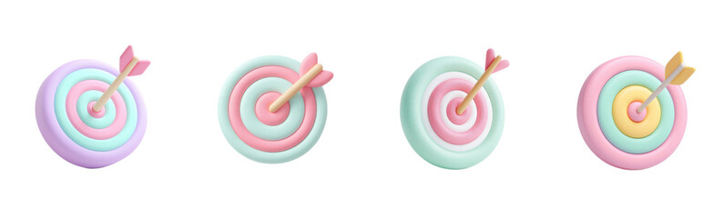 Targets with arrows in center, pastel colors. Goal, aim, success, achieve, accurate, bullseye, hitting, focus, purpose, strategy, luck