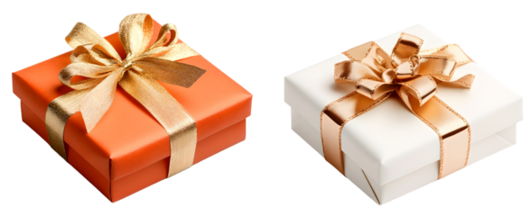Two vibrant gift boxes wrapped in bright red and white paper tied with shimmering golden ribbon creating a festive and elegant holiday display