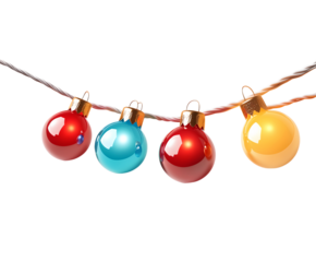 A vibrant and festive string of round glass Christmas ornaments in various bright colors hanging against a plain background