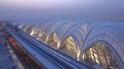 Elevated view of a modern, arched train station with a translucent, ribbed roof at dusk, overlooking a cityscape and elevated train tracks