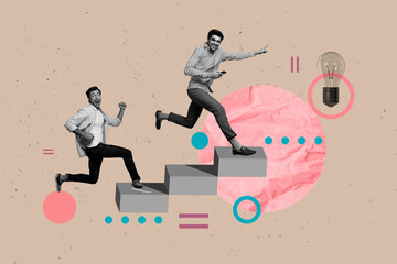 Poster creative collage of people on steps run use gadget light bulb on pastel background