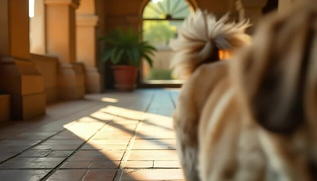Lhasa Apso walking gracefully across a tiled floor