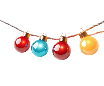A vibrant and festive string of round glass Christmas ornaments in various bright colors hanging against a plain background
