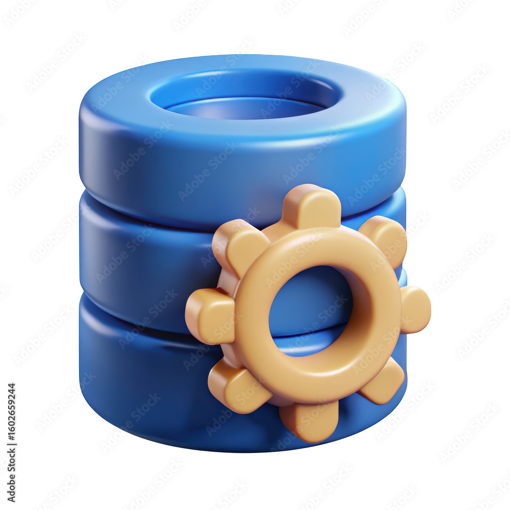 Poster blue database icon with golden gear on a background represents data management and configuration
