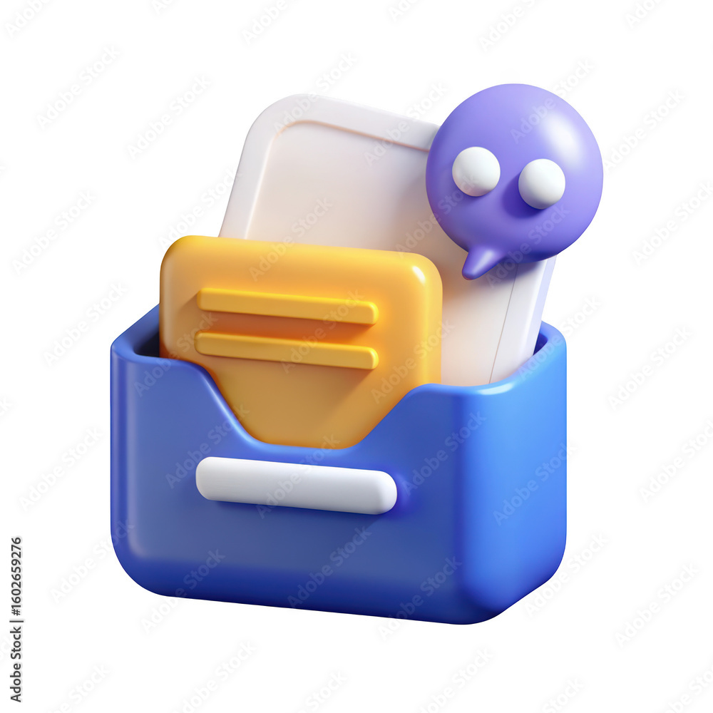 Poster blue office inbox 3d render with yellow folder message bubble and white paper on background