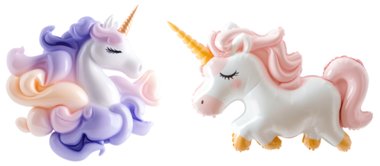 Two inflatable balloon unicorns in soft pastel shades of purple pink and white with delicate horns and flowing manes creating a magical and enchanting scene