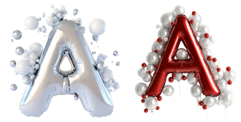 Stylized silver and red letter shaped balloons floating against a plain white background creating a visually striking and modern graphic design