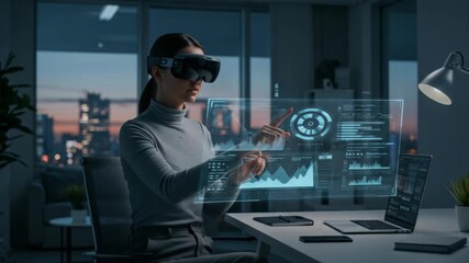 Woman in virtual reality headset interacting with digital interface showing data analytics in a modern office at dusk, futuristic technology concept footage. - Powered by Adobe