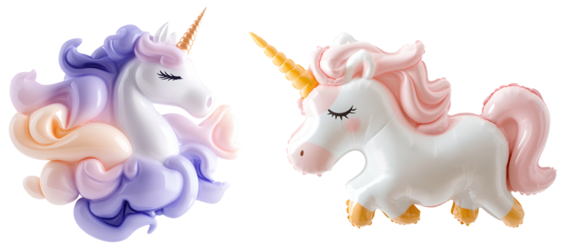 Two inflatable balloon unicorns in soft pastel shades of purple pink and white with delicate horns and flowing manes creating a magical and enchanting scene - Powered by Adobe