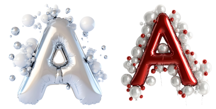 Stylized silver and red letter shaped balloons floating against a plain white background creating a visually striking and modern graphic design