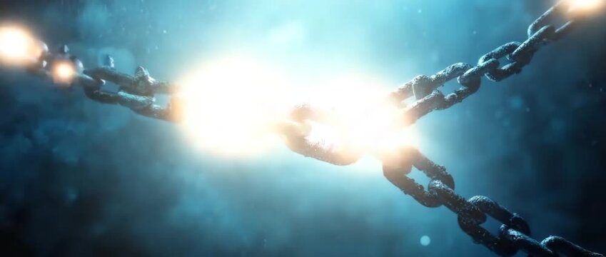 Rusty metal chain link glowing with bright light in dark blue background symbolizing strength connection broken chain flying debris dramatic energy motion fragility powerful scene