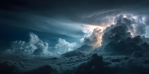 Dramatic storm clouds swirling in a dark sky, illuminated by striking flashes of lightning, create an awe inspiring and powerful atmosphere