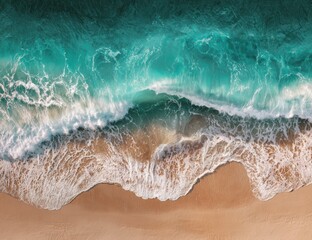 Tropical coastline aerial perspective, serene ocean with foaming surf, minimalist white space for text overlay, travel brochure and website banner design