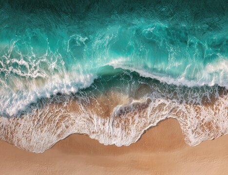 Tropical coastline aerial perspective, serene ocean with foaming surf, minimalist white space for text overlay, travel brochure and website banner design