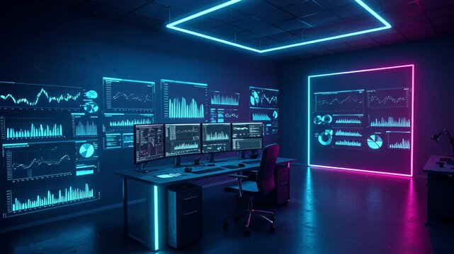 Futuristic Command Center with Holographic Data Displays and Vibrant Blue and Pink Neon Lights