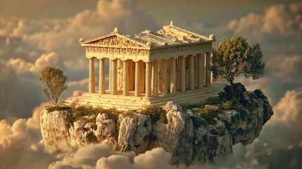 Ancient temple structure floating on a cloud-covered island.