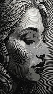 A highly detailed, striking portrait of a woman's face in profile, with her eyes closed in a serene expression.