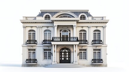 Fototapeta premium Elegant White Mansion With Grand Architecture And Balconies