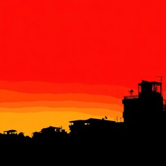 Obraz premium Silhouette of buildings against a fiery sunset.