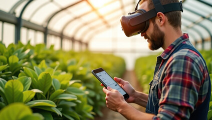 Farmer using smartphone while wearing VR headset in a sunlit greenhouse surrounded by vibrant plants, Farmers using new types of technology to maintain and track their farms, VR/AR equipment