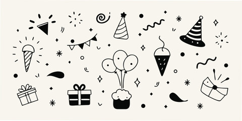 Festive black and white celebration elements vector illustration with party hats cupcakes balloons and gift boxes on transparent background.