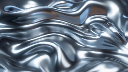Fototapeta premium Abstract background of a flowing liquid metal surface with smooth, reflective chrome ripples.