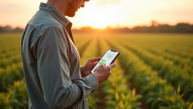 Farmer engaged with augmented reality smartphone in lush green field at sunset, showcasing modern agricultural technology.
