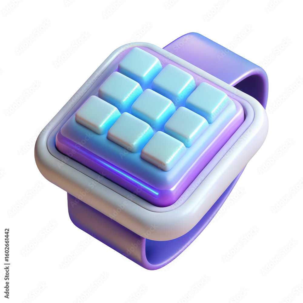 Poster futuristic smartwatch with square buttons and sleek design in gradient purple and white on backgroun