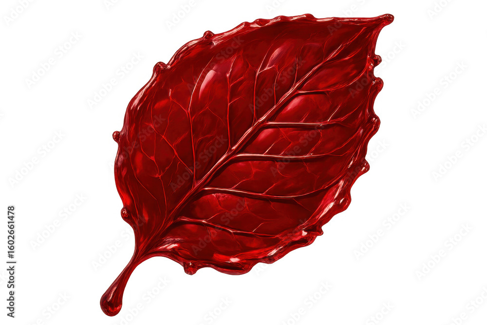 Poster red liquid dripping and forming a leaf shape against a transparent background, creating a vibrant an