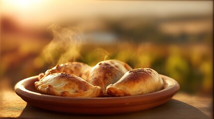 Traditional Baking Process: Empanadas Releasing Steam on Terracotta Plate, Backlit Pastry Texture Detail with Vineyard Bokeh in Natural Light