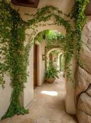 Sunlight-filled arched walkway, adorned with lush greenery
