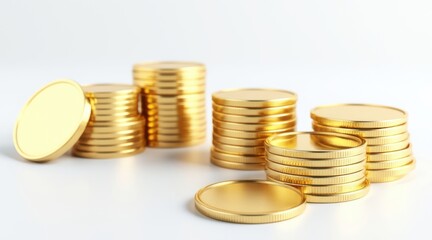 Stacks of shiny gold coins on a white background symbolizing wealth and finance