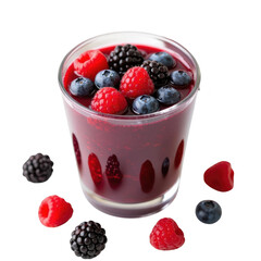 Glass filled with refreshing berry dessert on background featuring blueberries raspberries and blackberries isolated for food photography