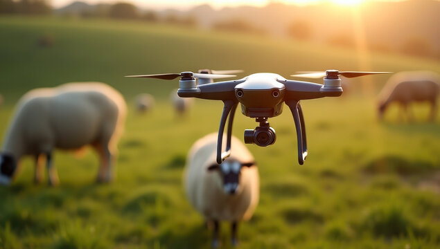 Close-up scene of a drone hovering above grazing sheep in a green pasture during soft morning light. Drones surveying farms, smart farming and crop monitoring, high-tech innovation 