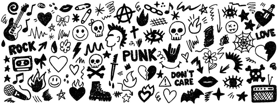 Punk scribble doodle set. Vector hand drawn graffiti groovy punk Collection. Rock style crayon drawn shapes. Crayon sketch heart, eyes, fire, guitar, notes, music, skulls, guests, stars, lips, lightni