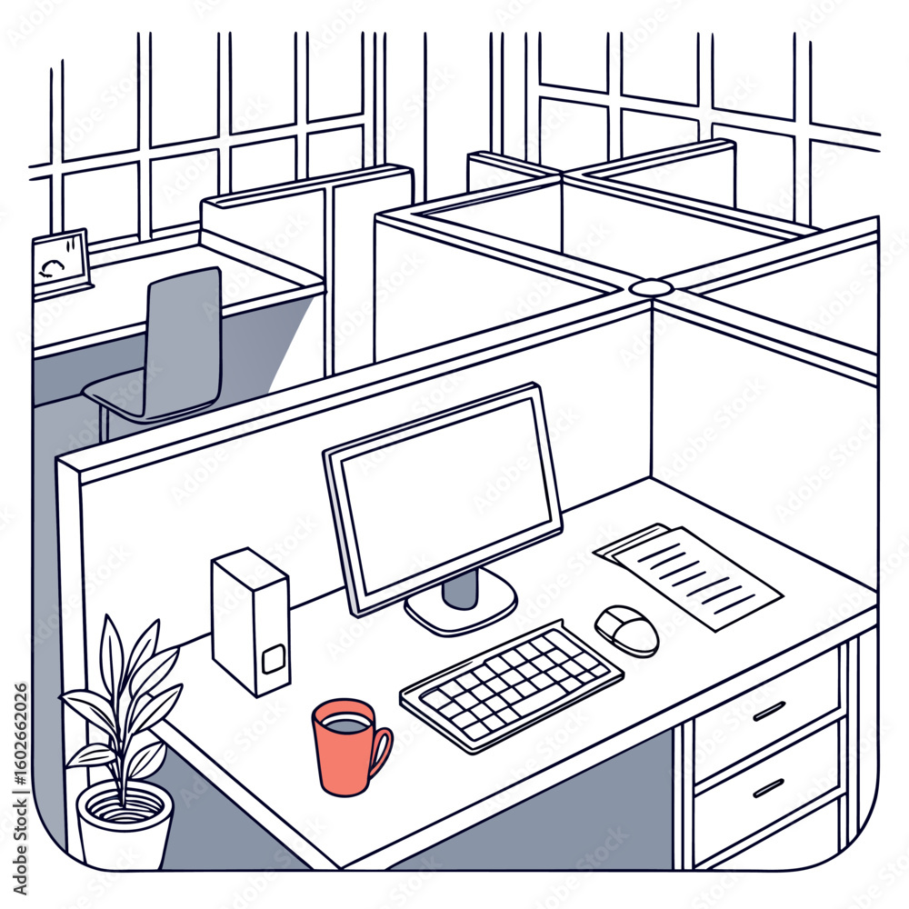 Poster isometric view of an office cubicle with a computer monitor keyboard mouse and a cup of coffee on th