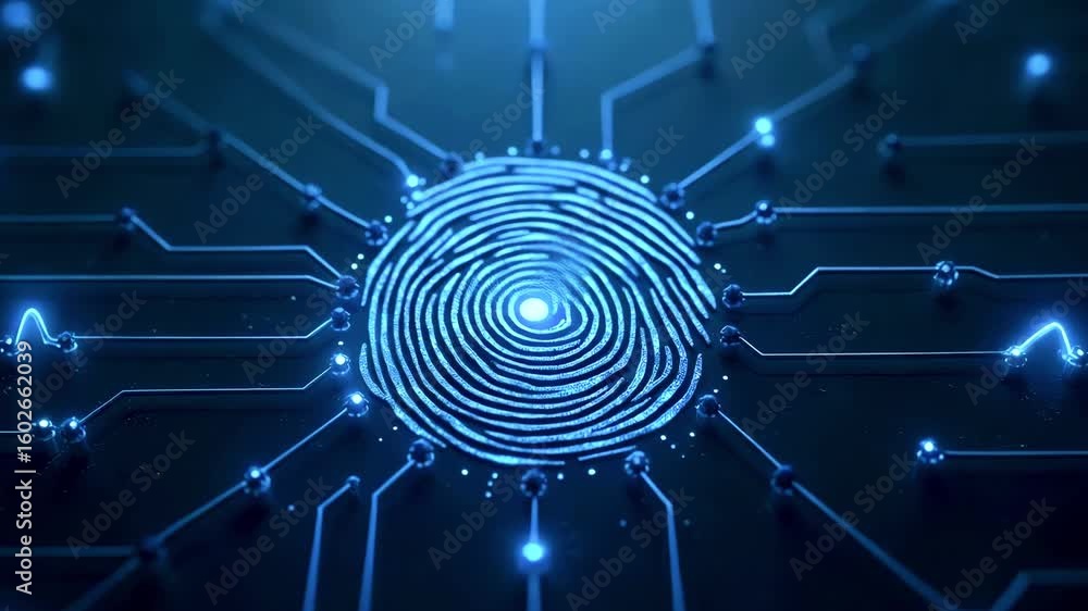Poster abstract representation of a fingerprint integrated with digital circuitry, symbolizing technology a
