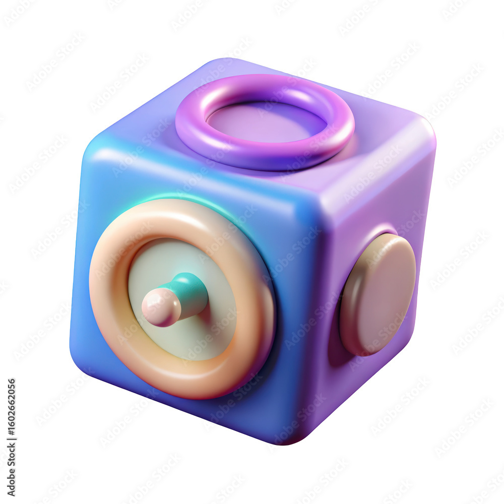 Poster pastel color fidget cube 3d render with circle push and switch elements on backdrop minimalist illus