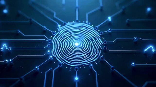 Abstract representation of a fingerprint integrated with digital circuitry, symbolizing technology and security