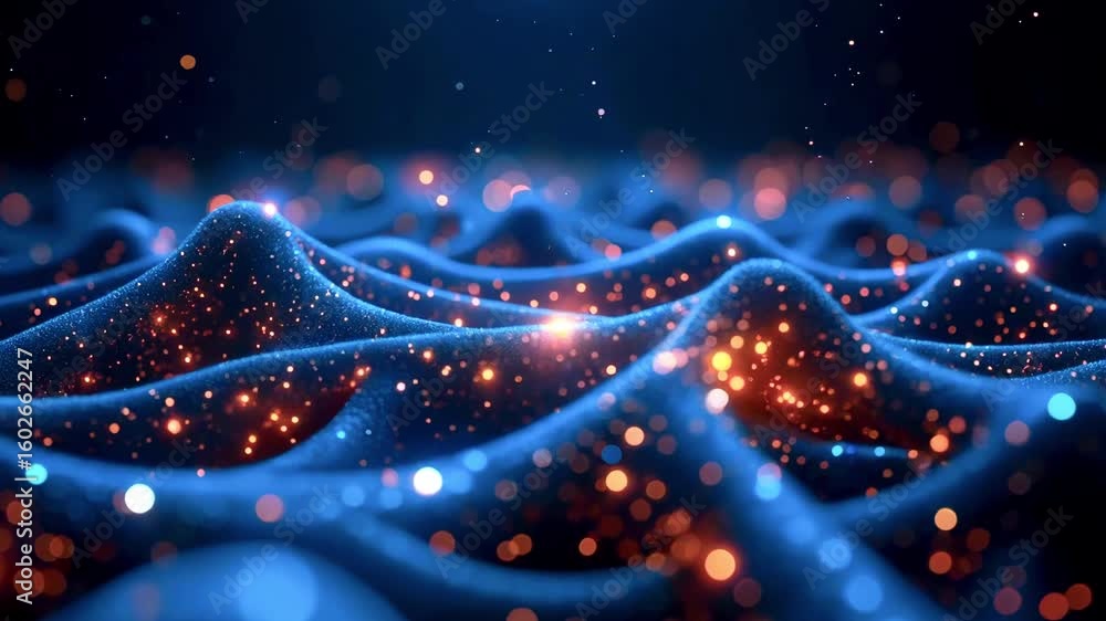 Poster abstract representation of glowing waves with sparkling particles in a dark background, evoking dept