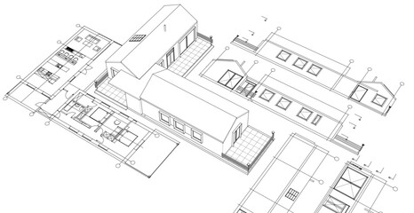 house architectural project sketch 3d illustration	
