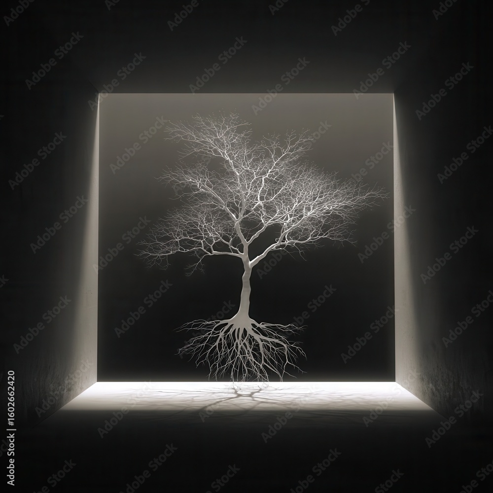 Poster bare tree with exposed roots in a dark space.