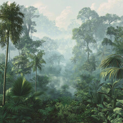 Dense jungle scene with broadleaf plants and subtle morning mist, photorealistic, vibrant tropical greens