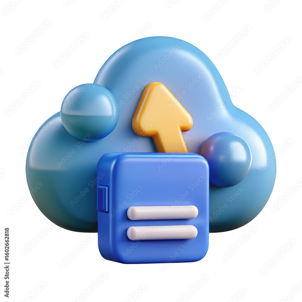Poster rendered cloud data uploading and storage system with arrow in modern digital style isolated on
