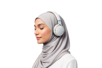 Woman wearing gray hijab and white headphones, looking peacefully to the side, isolated on a transparent background