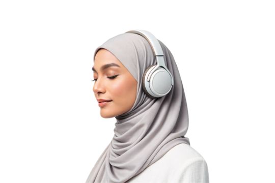 Woman wearing gray hijab and white headphones, looking peacefully to the side, isolated on a transparent background - Powered by Adobe