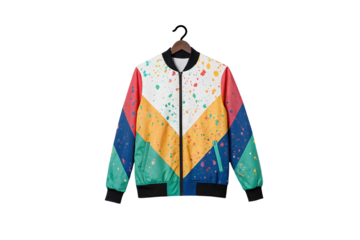 Vibrant geometric bomber jacket with colorful paint splatters and angular color blocks, isolated on a transparent background