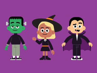 Cartoon Halloween Characters – Frankenstein, Witch and Vampire in Flat Style